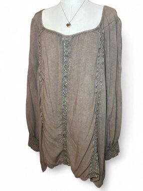 Indigo Thread Co Taupe Peasant Blouse Lace Trim Cottagecore Boho Festival
